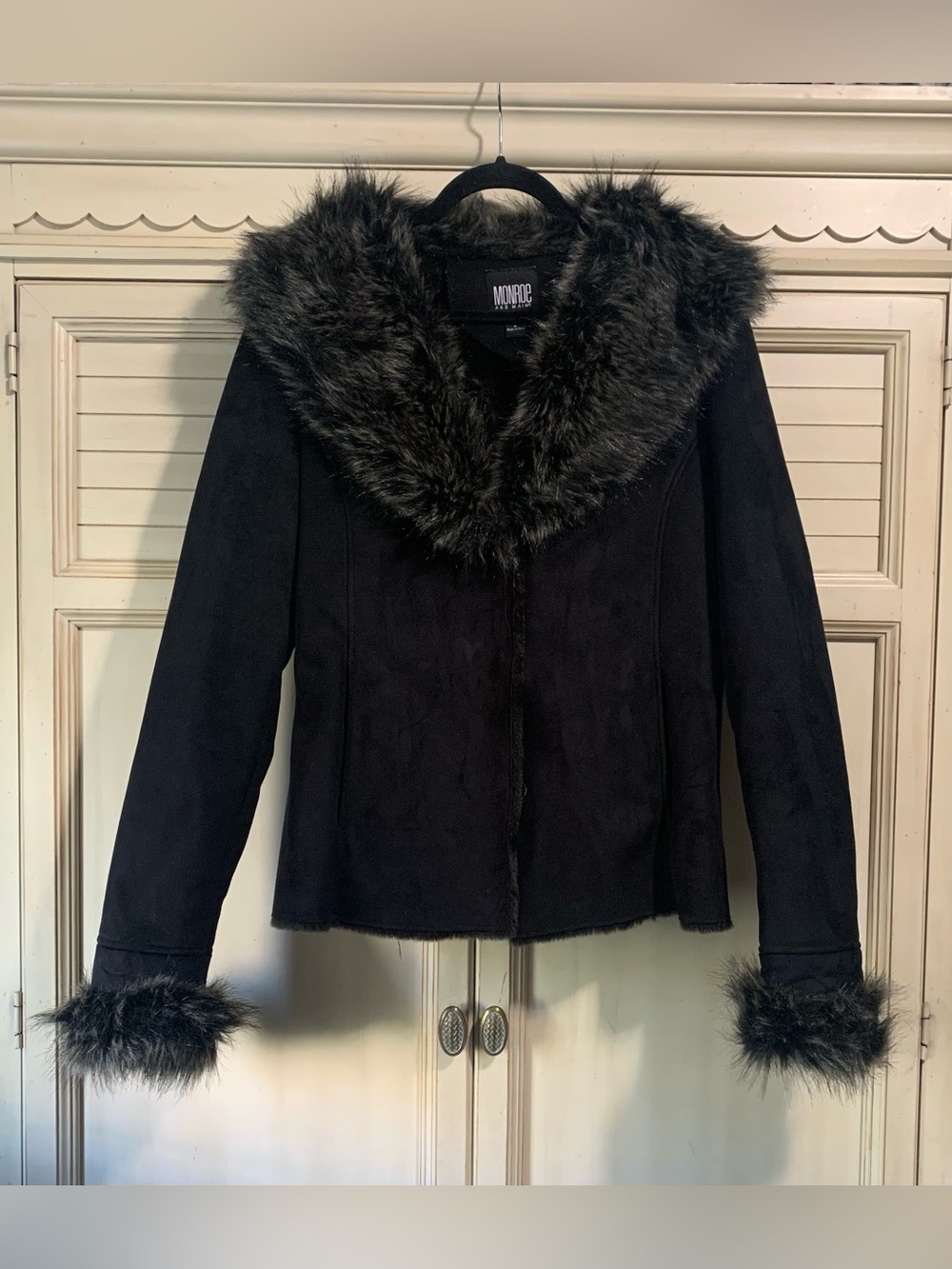 Monroe And Main Black Suede Faux Fur Jacket Penny Lane Coat Size Medium